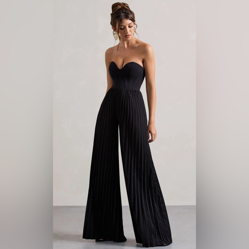 Club L London Lorelei black corset plisse wide leg jumpsuit Size S
